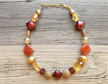 Load image into Gallery viewer, Burnt Orange &amp; Gold Necklace, single strand jewelry, big beaded chunky statement necklace, bridesmaid necklace mustard yellow