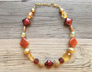 Burnt Orange & Gold Necklace, single strand jewelry, big beaded chunky statement necklace, bridesmaid necklace mustard yellow