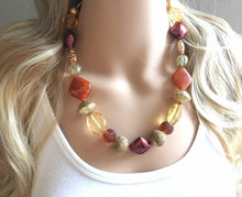 Load image into Gallery viewer, Burnt Orange &amp; Gold Necklace, single strand jewelry, big beaded chunky statement necklace, bridesmaid necklace mustard yellow