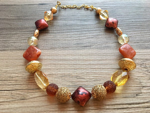 Burnt Orange & Gold Necklace, single strand jewelry, big beaded chunky statement necklace, bridesmaid necklace mustard yellow