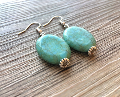 Turquoise Beaded & silver statement earrings, Earth tones bead blue green jewelry, turquoise dangle drop jewelry, green brown crackle