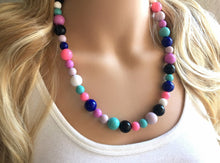 Load image into Gallery viewer, Jewel Tones Statement Necklace, rainbow double strand chunky bib beaded jewelry, colorful bead necklace, thick textured rainbow