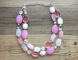 Chunky pink Blush + White Statement Necklace, multi strand bright jewelry, chunky statement necklace, pink necklace, blush pink clear resin