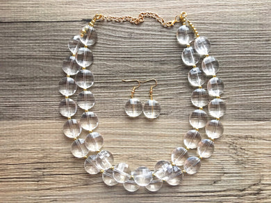 Gold & Clear Crystal Statement Necklace, Faceted circular Beaded Everyday neutral jewelry gold  accents chunky bib necklace