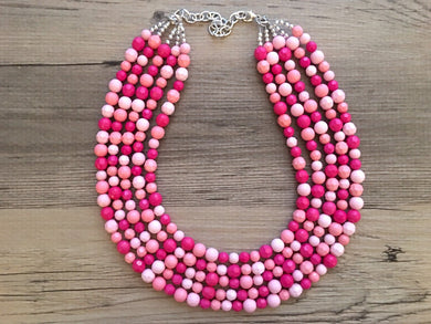 Blush Coral Dark Pink Beaded Necklace, pink Jewelry, 5 strand Chunky statement necklace, big beaded necklace, pink statement magenta