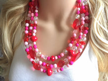 Load image into Gallery viewer, Red &amp; Pink Heart Necklace, multi strand jewelry, big beaded chunky statement necklace, valentine necklace, bridesmaid necklace, bib necklace