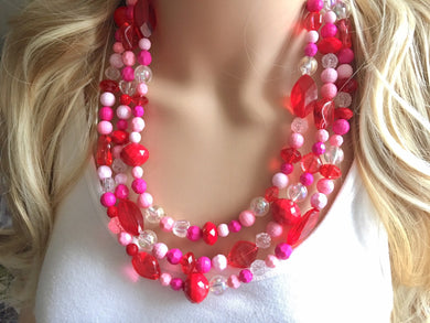 Red & Pink Heart Necklace, multi strand jewelry, big beaded chunky statement necklace, valentine necklace, bridesmaid necklace, bib necklace