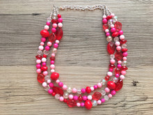 Load image into Gallery viewer, Red &amp; Pink Heart Necklace, multi strand jewelry, big beaded chunky statement necklace, valentine necklace, bridesmaid necklace, bib necklace