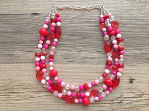 Red & Pink Heart Necklace, multi strand jewelry, big beaded chunky statement necklace, valentine necklace, bridesmaid necklace, bib necklace
