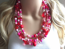 Load image into Gallery viewer, Red &amp; Pink Heart Necklace, multi strand jewelry, big beaded chunky statement necklace, valentine necklace, bridesmaid necklace, bib necklace