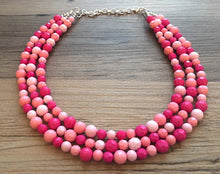 Load image into Gallery viewer, Blush Coral Dark Pink Beaded Necklace, pink Jewelry, 3 strand Chunky statement necklace, big beaded necklace, pink statement magenta