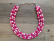 Load image into Gallery viewer, Blush Coral Dark Pink Beaded Necklace, pink Jewelry, 3 strand Chunky statement necklace, big beaded necklace, pink statement magenta