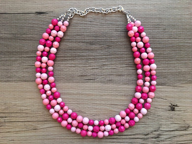 Blush Coral Dark Pink Beaded Necklace, pink Jewelry, 3 strand Chunky statement necklace, big beaded necklace, pink statement magenta