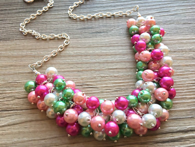 White Green Blush Pink & Magenta Pearl Preppy Cluster Necklace, green and pink Statement necklace, pearl jewelry on silver