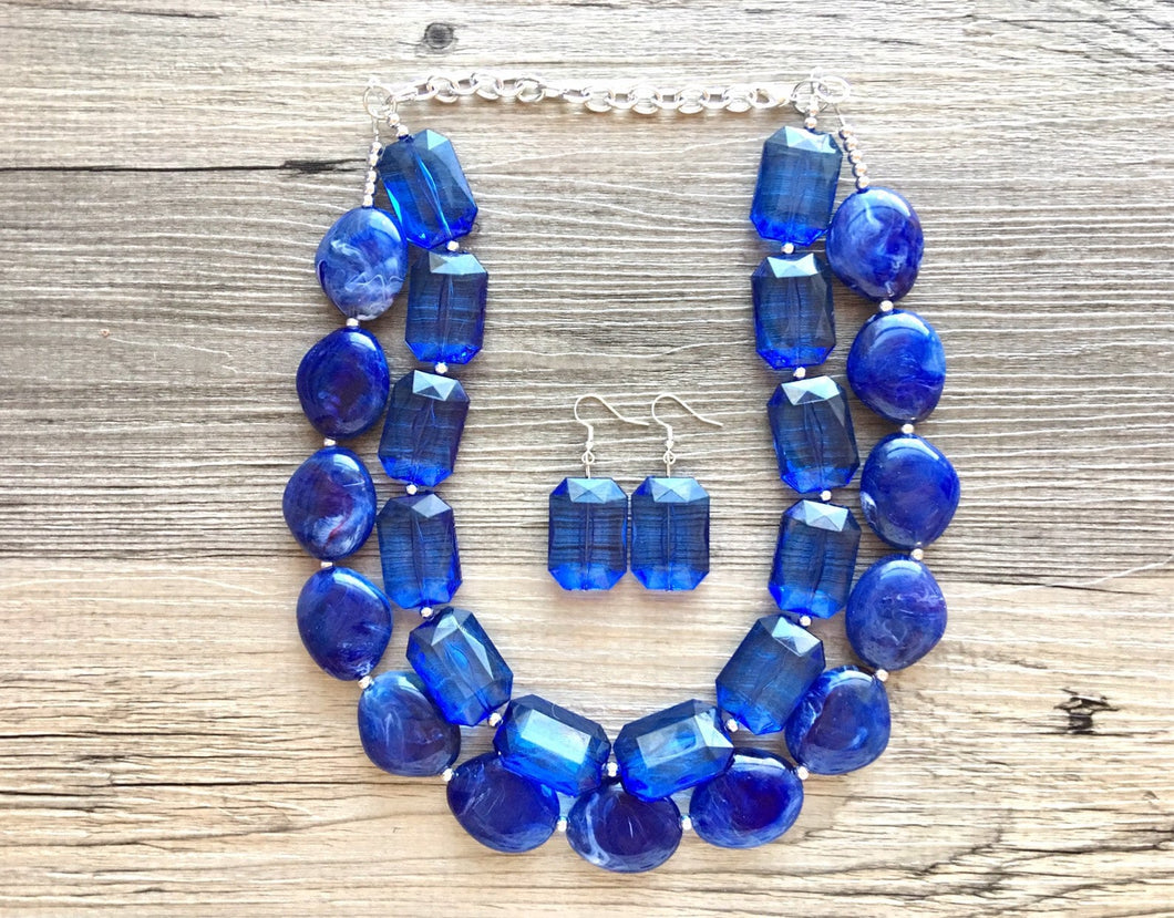 Royal Blue Double Strand Statement Necklace, Chunky Royal Blue Oval Beaded Bib Jewelry, blue jewelry, dark blue jewlery necklace earrings