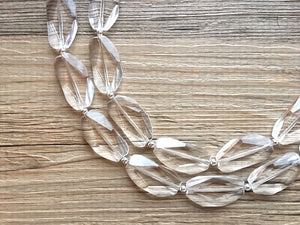 Chunky Clear Crystal Statement Necklace, Faceted Everyday neutral jewelry, statement necklace, silver or gold accents chunky bib necklace