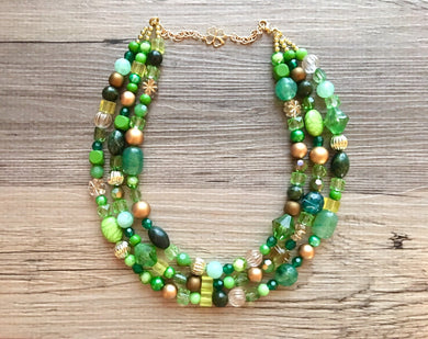 St. Patrick’s Day Gold & Green Statement Necklace, 3 strand forest, dark green Jewelry, glass beaded jewelry, multi strand green necklace