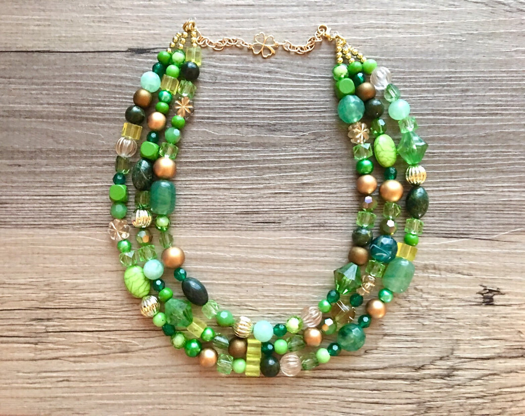 St. Patrick’s Day Gold & Green Statement Necklace, 3 strand forest, dark green Jewelry, glass beaded jewelry, multi strand green necklace