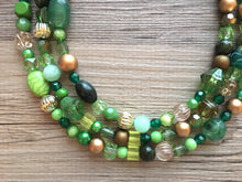 Load image into Gallery viewer, St. Patrick’s Day Gold &amp; Green Statement Necklace, 3 strand forest, dark green Jewelry, glass beaded jewelry, multi strand green necklace