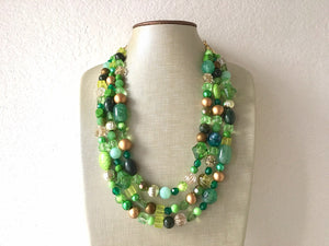 St. Patrick’s Day Gold & Green Statement Necklace, 3 strand forest, dark green Jewelry, glass beaded jewelry, multi strand green necklace
