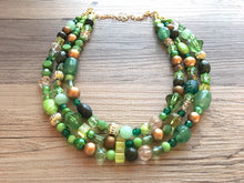 Load image into Gallery viewer, St. Patrick’s Day Gold &amp; Green Statement Necklace, 3 strand forest, dark green Jewelry, glass beaded jewelry, multi strand green necklace