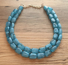 Load image into Gallery viewer, Teal Blue double strand Beaded Statement Necklace, Chunky Bib Turquoise Teal Multi-Strand Jewelry dark blue swirl beads