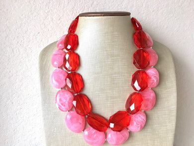 Pink & Red Necklace, multi strand jewelry, big beaded chunky statement necklace, Valentine's Day jewelry, bridesmaid necklace, bib necklace