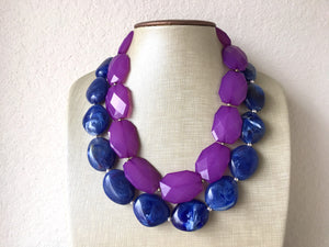 Blue & Purple Necklace, multi strand jewelry, big beaded chunky statement necklace, blue necklace, bridesmaid necklace, bib necklace, purple