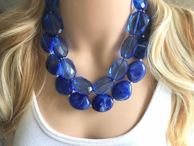 Royal Blue Double Strand Statement Necklace, Chunky Royal Blue Oval Beaded Bib Jewelry, blue jewelry, dark blue jewlery necklace earrings