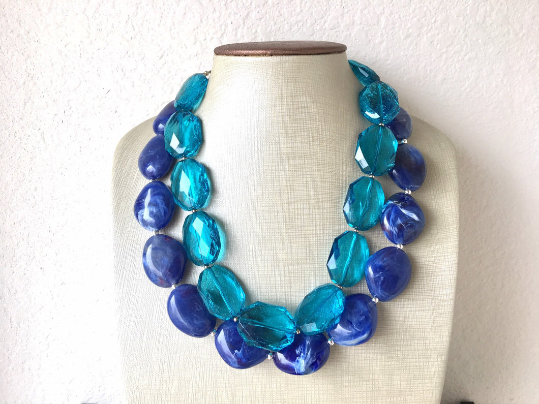 Royal Blue & Teal Double Strand Statement Necklace, Chunky Royal Blue Oval Beaded Bib Jewelry, blue jewlery necklace earrings