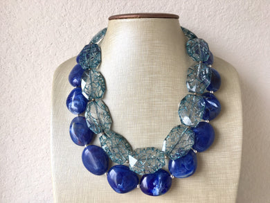 Royal Blue & Teal Double Strand Statement Necklace, Chunky Royal Blue Oval Beaded Bib Jewelry, blue jewlery necklace earrings