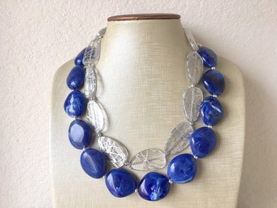 Royal Blue & Silver Resin Double Strand Statement Necklace, Chunky Royal Blue Oval Beaded Bib Jewelry, blue jewlery necklace earrings