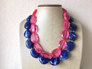 Pink & Blue Necklace, multi strand jewelry, big beaded chunky statement necklace, pink necklace, bridesmaid necklace, gender reveal party