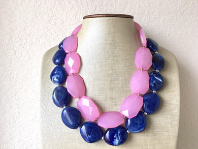 Blush Pink & Blue Necklace, multi strand jewelry, big beaded chunky statement necklace, pink necklace, bridesmaid necklace, gender reveal