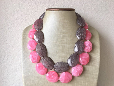 Pink & Gray Necklace, multi strand jewelry, big beaded chunky statement necklace, pink necklace, bridesmaid necklace, gray necklace
