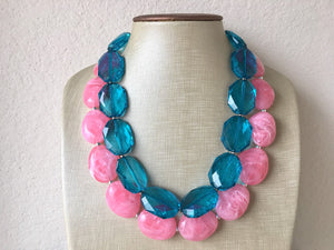 Pink & Teal Blue Necklace, multi strand jewelry, big beaded chunky statement necklace, pink necklace, bridesmaid necklace, gender reveal