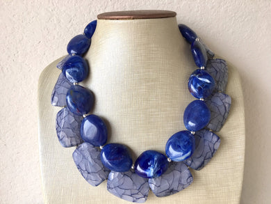 Navy & Royal Blue Double Strand Statement Necklace, Chunky Royal Blue Oval Beaded Bib Jewelry,  dark blue jewlery necklace earrings