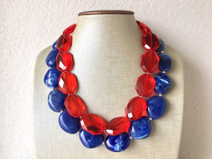 Blue & Red Necklace, multi strand jewelry, big beaded chunky statement necklace, 4th of July jewelry, bridesmaid bib necklace USA America