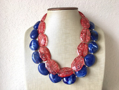 Blue & Red Necklace, multi strand jewelry, big beaded chunky statement necklace, 4th of July jewelry, bridesmaid bib necklace USA America