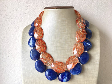 Blue & Orange Necklace, multi strand jewelry, big beaded chunky statement necklace, blue necklace, bridesmaid necklace, bib necklace, orange