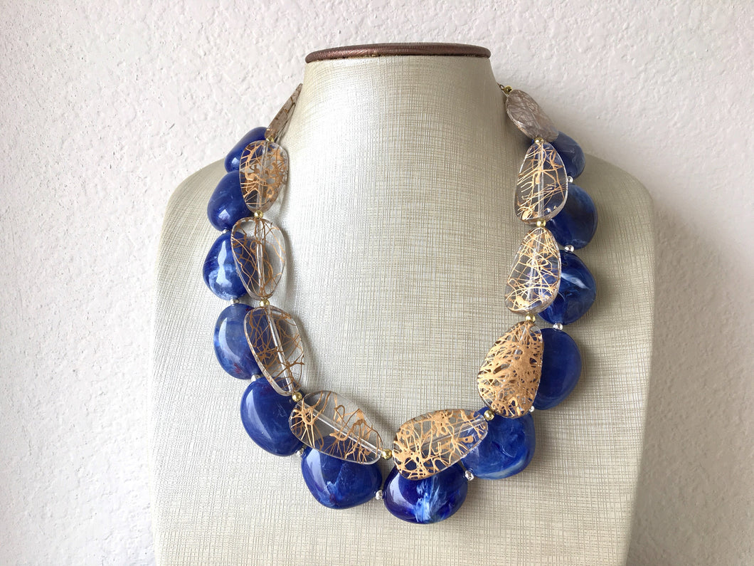 Royal Blue & Gold Resin Double Strand Statement Necklace, Chunky Royal Blue Oval Beaded Bib Jewelry, blue jewlery necklace earrings