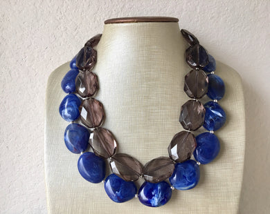 Blue & Gray Necklace, multi strand jewelry, big beaded chunky statement necklace, royal blue necklace, bridesmaid necklace, gray