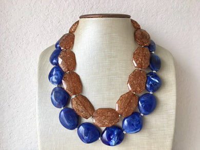 Coffee & Blue Statement Necklace, Chunky Beaded Necklace, Chocolate Jewelry, dark blue Necklace, blue brown beaded necklace