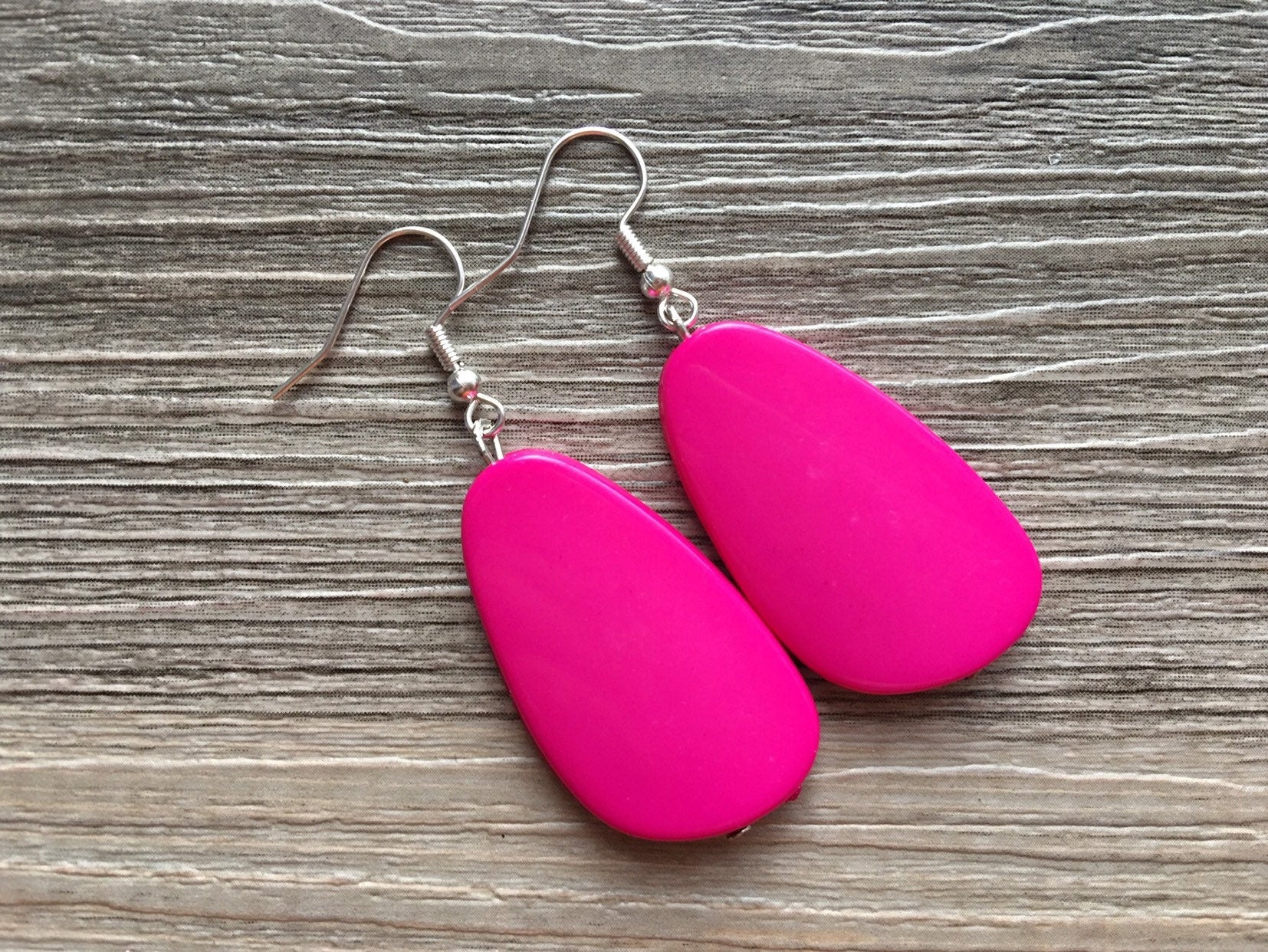 Pink Silver Dangle Earrings, Drop earrings, hot pink jewelry, silver earrings, geometric earrings, bridesmaid set oblong teardrop jewelry