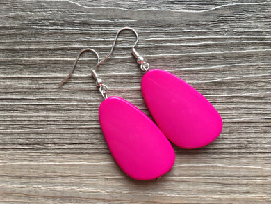 Pink & Silver Dangle Earrings, Drop earrings, hot pink jewelry, silver earrings, geometric earrings, bridesmaid set oblong teardrop jewelry