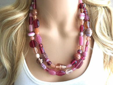 Glass Lampwork handmade beaded Chunky Statement Necklace, double strand jewelry, blush pink magenta gold geometric glass jewelry