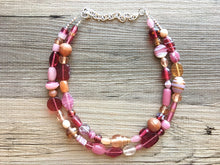 Load image into Gallery viewer, Glass Lampwork handmade beaded Chunky Statement Necklace, double strand jewelry, blush pink magenta gold geometric glass jewelry