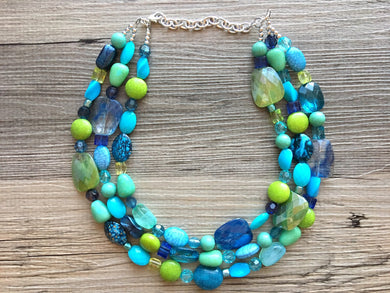 Blue & Green Necklace, Sky and Sea-line Statement Necklace, multi strand beaded jewelry, lime turquoise royal blue necklace