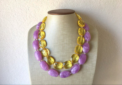 Purple & Yellow Chunky Statement Necklace, multi strand colorful jewelry, big beaded chunky statement necklace, purple necklace, purple yell