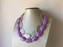 Load image into Gallery viewer, Lavender Purple &amp; silver clear resin Chunky Statement Necklace, multi strand colorful jewelry, big beaded chunky statement necklace